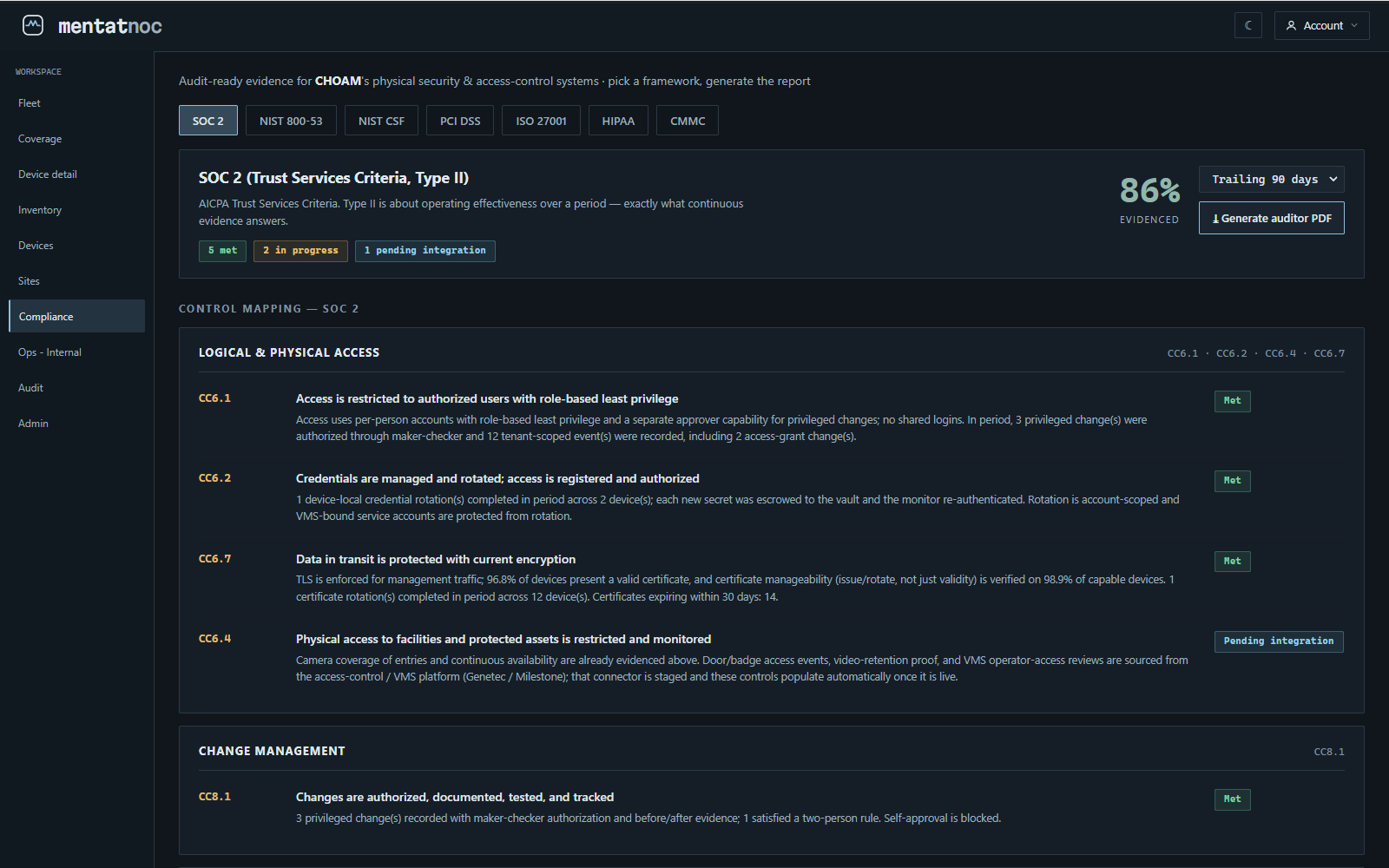 MentatNOC compliance view with framework readiness and evidence pack export