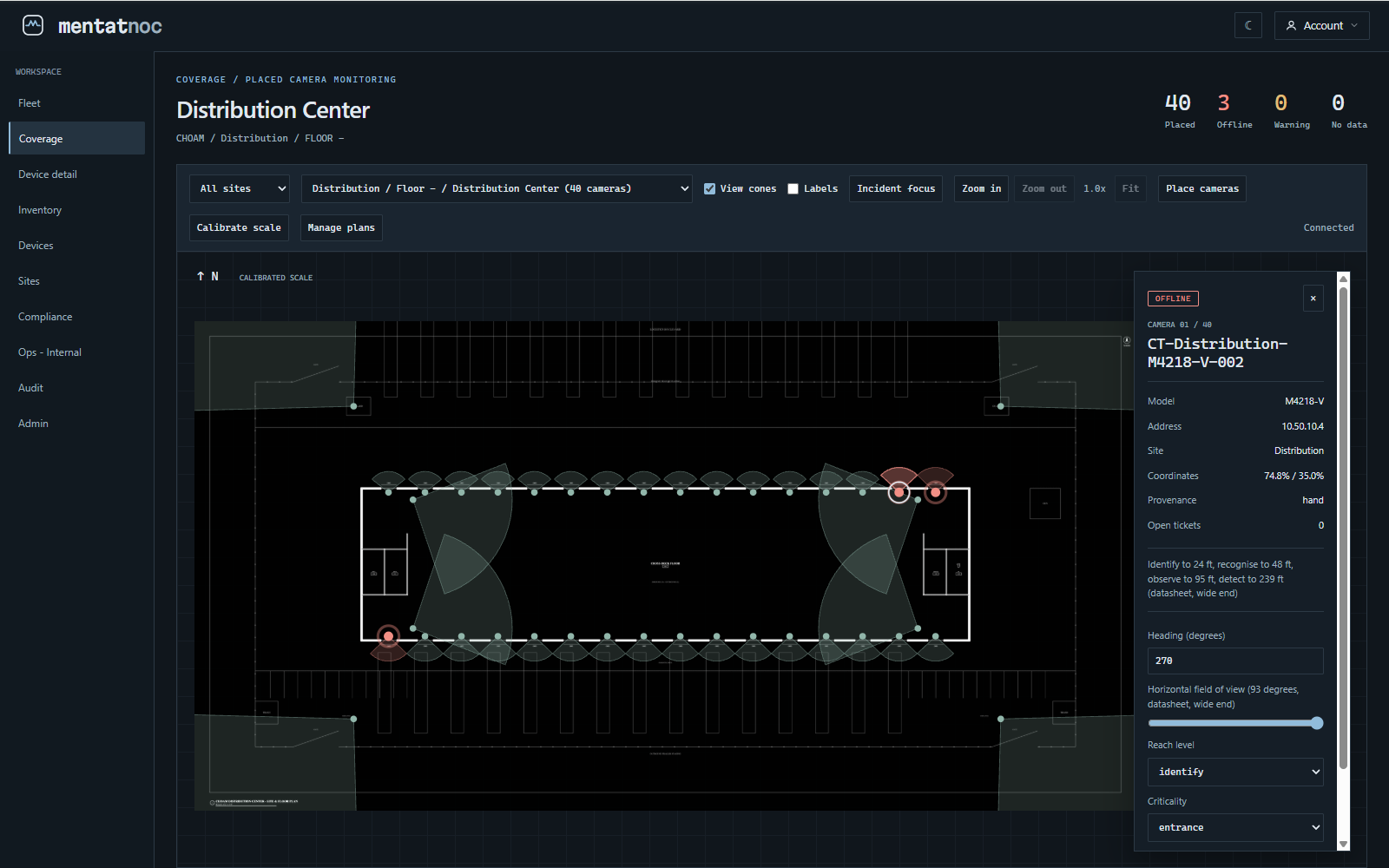 MentatNOC coverage map placing every camera on a site floor plan with its field of view and an offline camera flagged in place