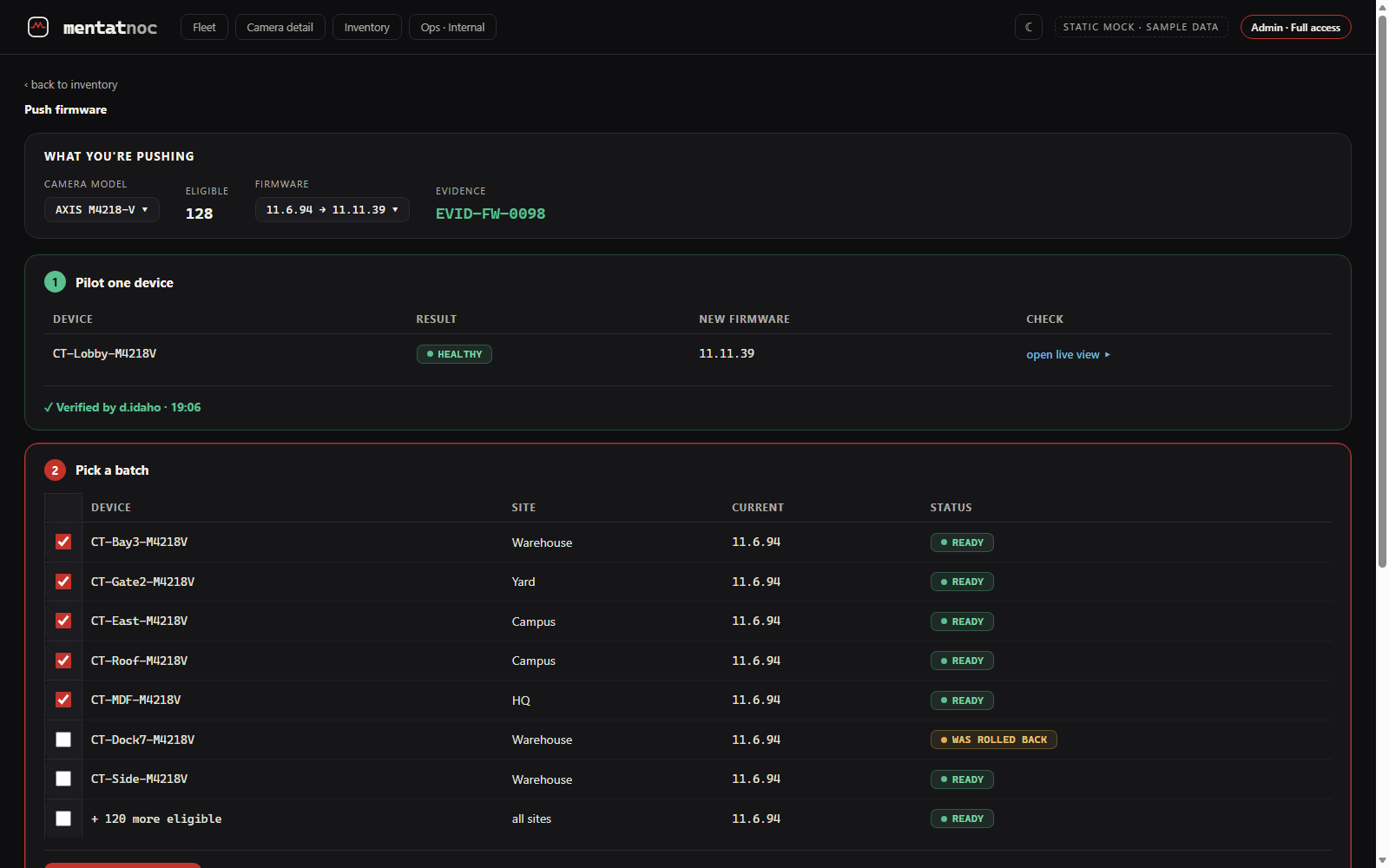 MentatNOC staged firmware rollout with approval and canary steps